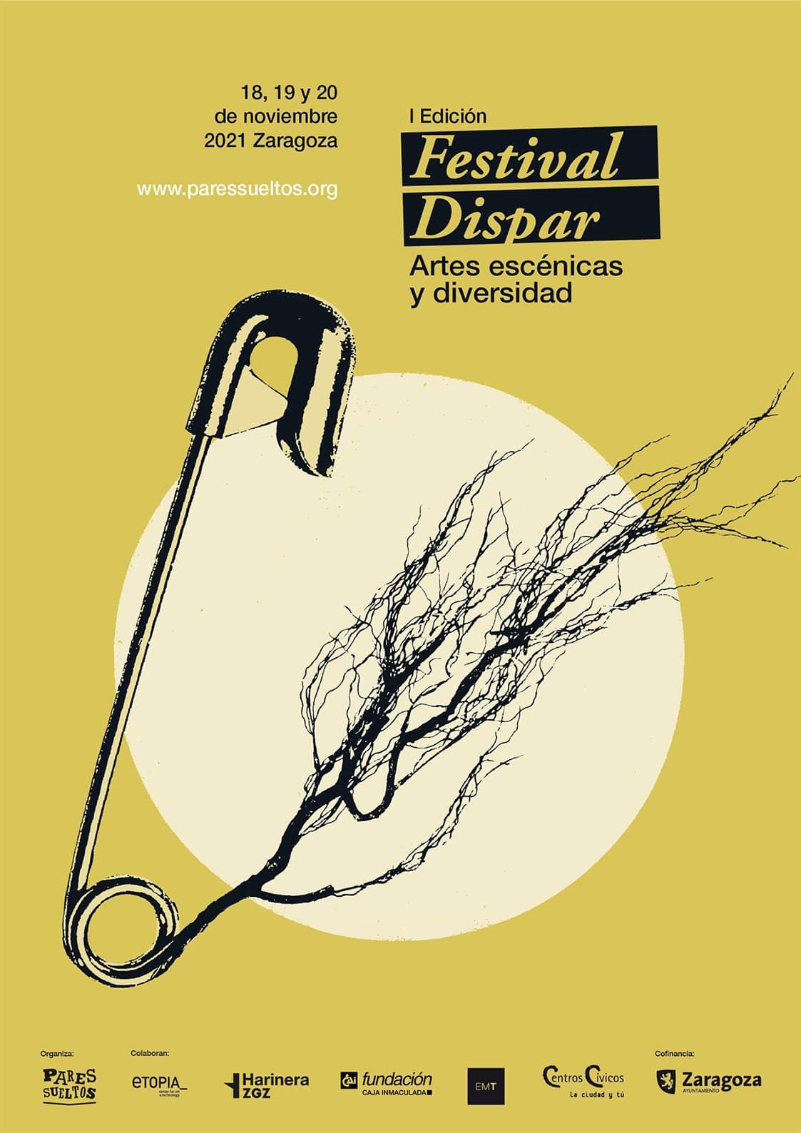 Cartel del Festival Dispar, 18, 19 y 20 de noviembre en Zaragoza, con un montaje de un imperdible con raíces